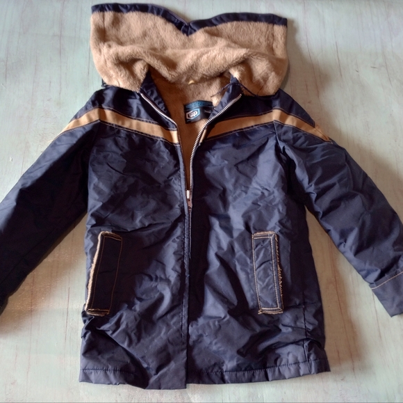 Vtg 70s Sears Boys 14 Navy Jacket W/ Hood Faux Sherpa Lined Jacket Coat